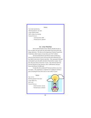 Analysis
Type: light manufacturing
Marketing approach: mail order
Unique Appeal: product
Skills: sewing, cross-stitching
Financial Overview:
Initial Investment: $600
Potential Income: unlimited

18. A Fair With Flair
Steven and his brother-in-law, Warren, decided one day to
have an indoor arts and crafts fair with exhibits from local artists and
charge admission. This idea was the beginning of General Expositions
Corporation, which expects revenues this year of $2.5 million.
The first attempt Steven and Warren made at producing a
festival in San Francisco wasn't received with much enthusiasm, but
they didn't let this lack of interest stop them. They regrouped, rethought
and decided to give the public the kind of festival they wanted. Since
then, they have been involved for 13 years. The American Folk Arts
Festival, held also in San Francisco, drew 16,000 patrons and gave
Steven and Warren $10,000 each.
To date they have produced 85 festivals and have yet to lose
any money. The corporation is comprised of 13 employees and has a
goal of reaching 60 cities from coast to coast within 10 years.
Analysis
Type: service
Marketing approach: direct sales
Unique Appeal: fun
Skills: none
Financial Overview:
Initial Investment: minimal
Potential Income: unlimited

28

 