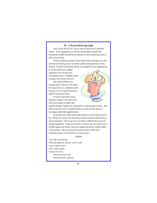 22. A Warm Flickering Light
Joyce in the fall of 1971 was in need of some extra Christmas
money. At the suggestion of a friend, she decided to market the
homemade candles she had been making for years and giving away as
gifts to her friends.
With an initial investment of less than $100 to purchase wax and
minimal advertising, Joyce set up her candle making business in her
kitchen. It wasn't long before friends and neighbors were dropping buy
to see her decorative candles
displayed in her living room.
According to Joyce, "People started
coming to the house in droves."
Her initial problem was
finding time to keep up with orders.
For Joyce this was a problem worth
having, even if it meant staying up
nights to get the job done.
It wasn't long before Joyce
needed to expand. Her innovative
idea was to begin to market the
candles through Tupperware style parties in other people's homes. She
didn't even have time to market directly to small novelty shops or
investigate mail order opportunities.
Eventually she called friends and relatives to have them work for
her. Within two years, she moved her business from her kitchen into a
small warehouse. Her set up cost was under $1,000 for the lease and
needed equipment. Today her business, Lund's Lites, has moved into a
20,000-square-foot factory and is the biggest decorative candle maker
in the industry. Her income has also grown from a little extra
Christmas money to a $5 million-a-year business.
Analysis
Type: light manufacturing
Marketing Approach: referrals, word of mouth
Unique Appeal: quality
Skills: candle making
Financial Overview:
Initial Investment: $100
Potential Income: unlimited

32

 