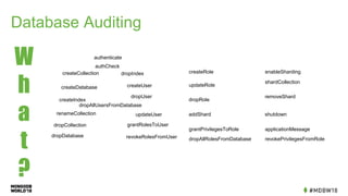 Database Auditing
createDatabase
createCollection
createIndex
renameCollection
dropCollection
dropDatabase
authCheck
dropIndex
createUser
authenticate
dropUser
dropAllUsersFromDatabase
updateUser
grantRolesToUser
revokeRolesFromUser
createRole
updateRole
dropRole
dropAllRolesFromDatabase
grantPrivilegesToRole
addShard
enableSharding
shardCollection
removeShard
revokePrivilegesFromRole
applicationMessage
shutdown
W
h
a
t
?
 