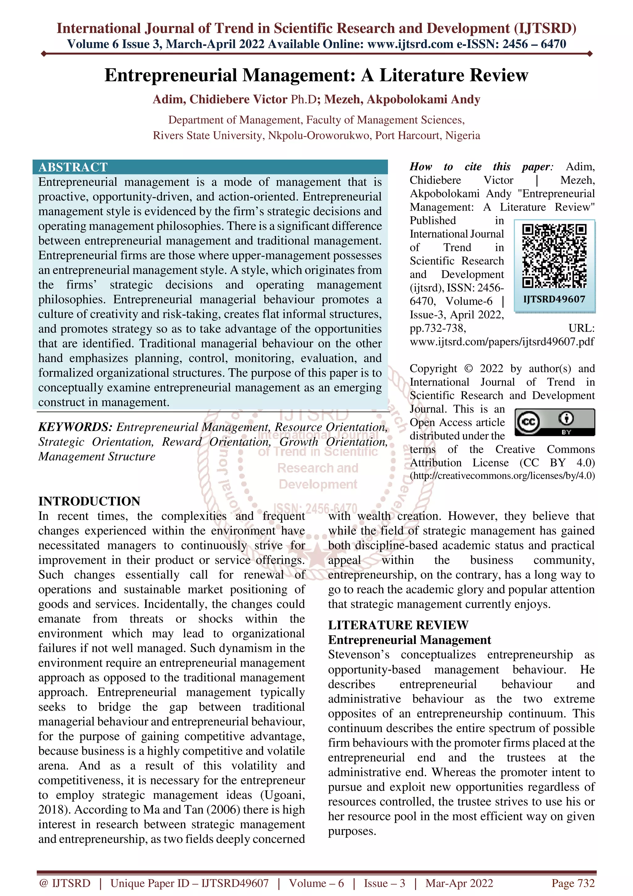 Entrepreneurial Management A Literature Review | PDF