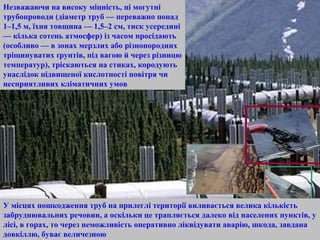 У місцях пошкодження труб на прилеглі території виливається велика кількість
забруднювальних речовин, а оскільки це трапляється далеко від населених пунктів, у
лісі, в горах, то через неможливість оперативно ліквідувати аварію, шкода, завдана
довкіллю, буває величезною
Незважаючи на високу міцність, ці могутні
трубопроводи (діаметр труб — переважно понад
1–1,5 м, їхня товщина — 1,5–2 см, тиск усередині
— кілька сотень атмосфер) із часом просідають
(особливо — в зонах мерзлих або різнопородних
тріщинуватих ґрунтів, під вагою й через різницю
температур), тріскаються на стиках, кородують
унаслідок підвищеної кислотності повітря чи
несприятливих кліматичних умов
 