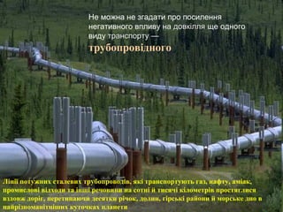 Не можна не згадати про посилення
негативного впливу на довкіллядовкілля ще одного
виду транспортутранспорту ——
трубопровідного
Лінії потужних сталевих трубопроводів, які транспортують газ, нафту, аміак,
промислові відходи та інші речовини на сотні й тисячі кілометрів простяглися
вздовж доріг, перетинаючи десятки річок, долин, гірські райони й морське дно в
найрізноманітніших куточках планети
 