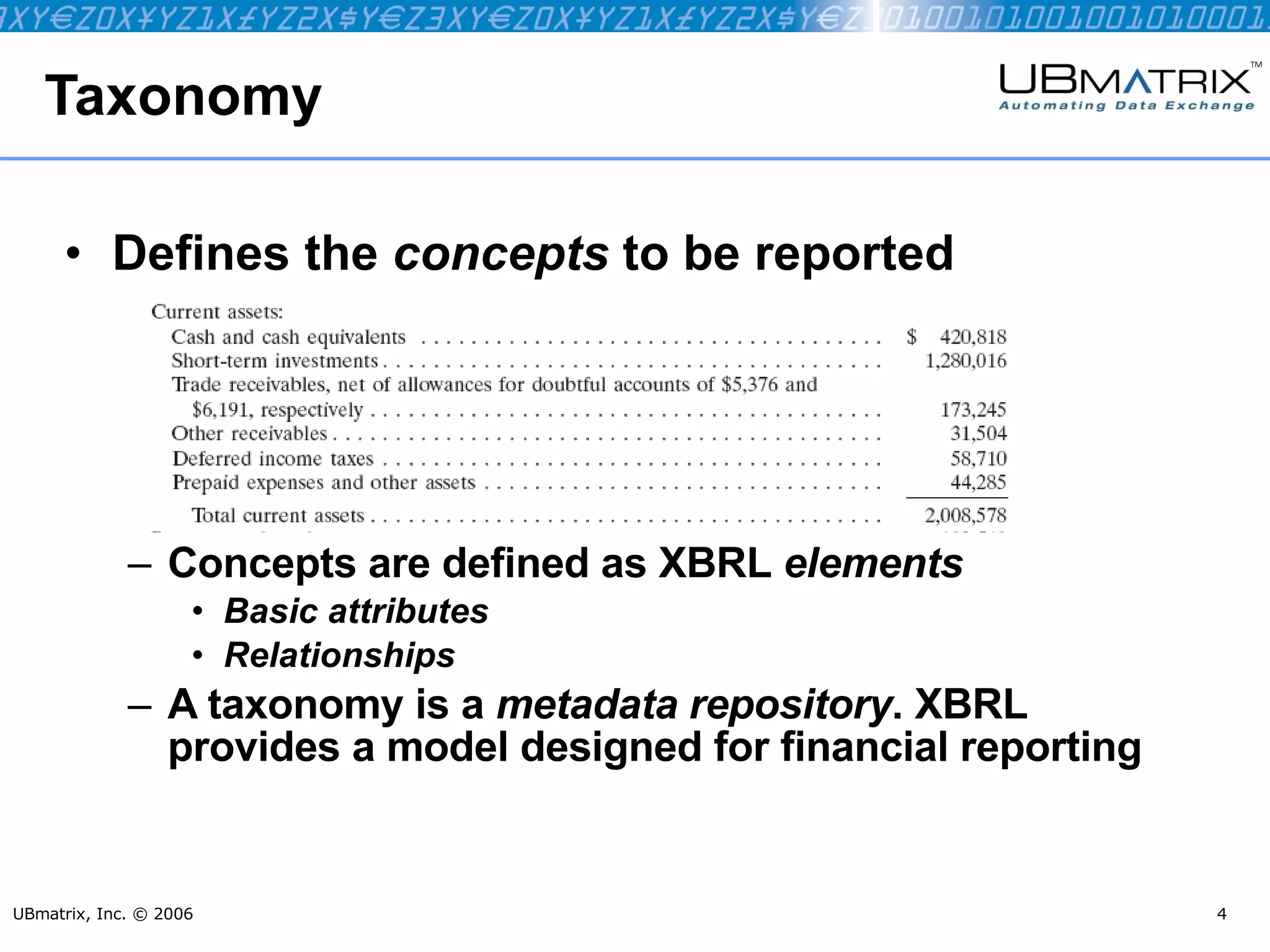 Taxonomy Defines the  concepts  to be reported  Concepts are defined as XBRL  elements Basic attributes Relationships A taxonomy is a  metadata repository . XBRL provides a model designed for financial reporting UBmatrix, Inc. © 2006 