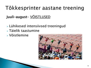Juuli-august- VÕISTLUSED
 Lühikesed intensiivsed treeningud
 Täielik taastumine
 Võistlemine
14
 