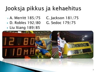  A. Merritt 185/75 C. Jackson 181/75
 D. Robles 192/80 G. Sedoc 179/75
 Liu Xiang 189/85
3
 