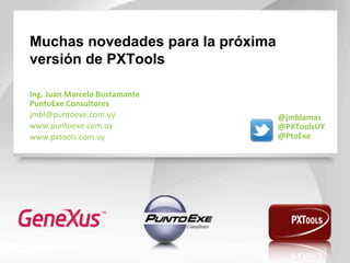 Muchas novedades para la próxima
versión de PXTools
Ing.	
  Juan	
  Marcelo	
  Bustamante	
  
PuntoExe	
  Consultores	
  
jmbl@puntoexe.com.uy	
  	
  
www.puntoexe.com.uy	
  
www.pxtools.com.uy	
  
@jmblamas	
  
@PXToolsUY	
  
@PtoExe	
  
 