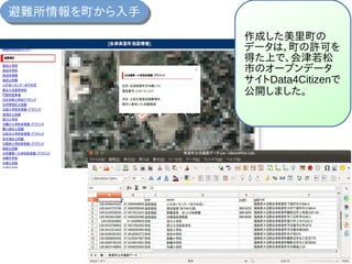 避難所情報を町から入手避難所情報を町から入手
作成した美里町の
データは、町の許可を
得た上で、会津若松
市のオープンデータ
サイトData4Citizenで
公開しました。
 