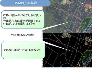 OSMは誰かが作らなければ真っ
白・・
会津若松市は建物が網羅されて
いるが、では美里町はどうか
それならば自分で描くしかない！
かなり何もない状態
OSMの充実具合OSMの充実具合
かなり何もない状態
 