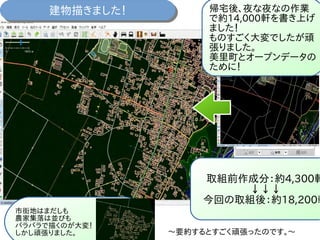 建物描きました！建物描きました！
取組前作成分：約4,300軒
↓↓↓
今回の取組後：約18,200軒
市街地はまだしも
農家集落は並びも
バラバラで描くのが大変！
しかし頑張りました。 ～要約するとすごく頑張ったのです。～
帰宅後、夜な夜なの作業
で約14,000軒を書き上げ
ました！
ものすごく大変でしたが頑
張りました。
美里町とオープンデータの
ために！
 