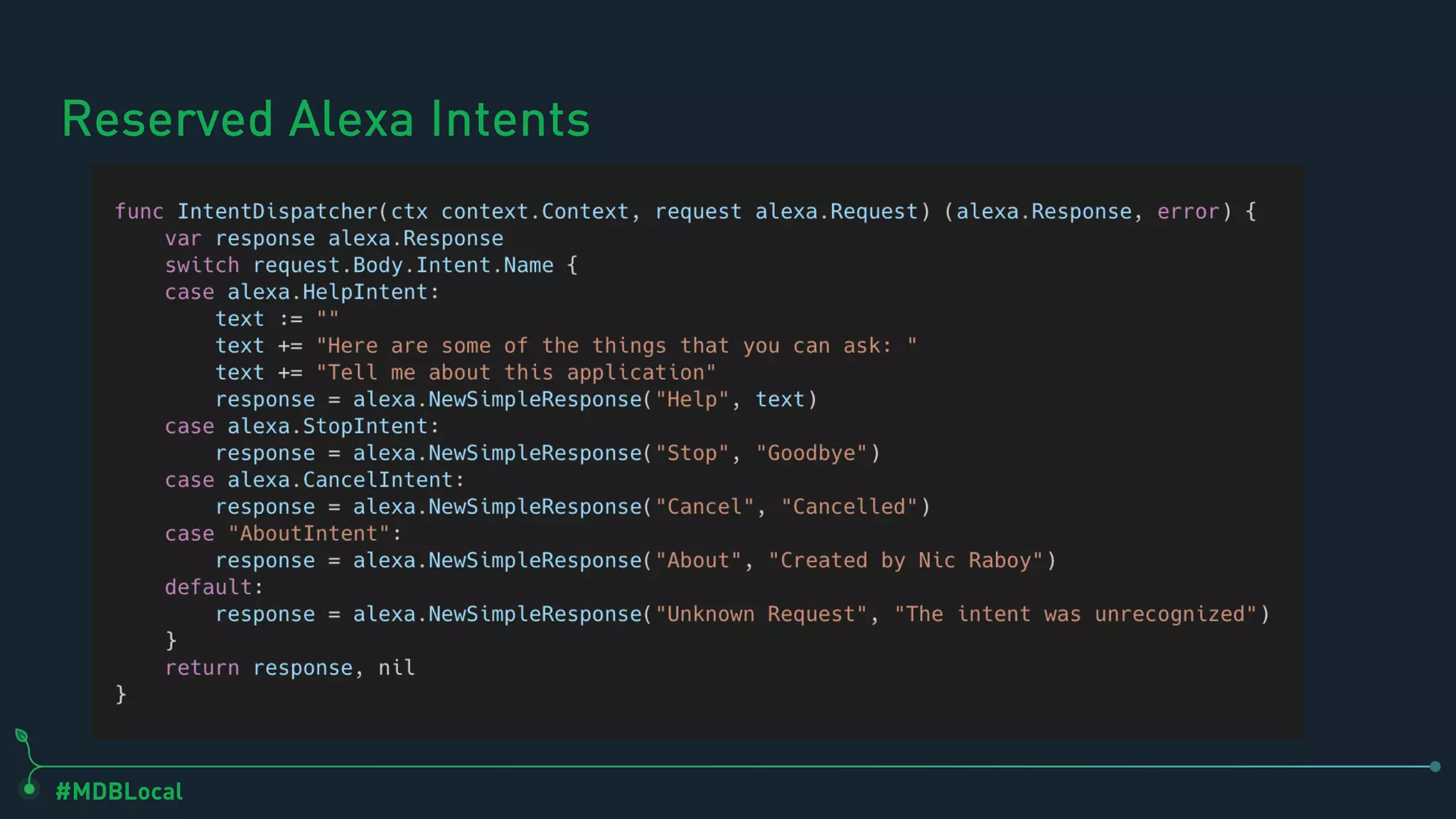 #MDBLocal
Reserved Alexa Intents
 