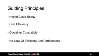 Guiding Principles
• Hybrid Cloud Ready
• Cost Efficiency
• Container Compatible
• No Loss Of Efficiency And Performance
6
 