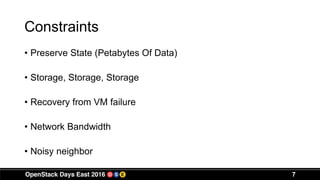 Constraints
• Preserve State (Petabytes Of Data)
• Storage, Storage, Storage
• Recovery from VM failure
• Network Bandwidth
• Noisy neighbor
7
 