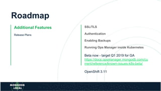 Roadmap
Additional Features
Release Plans
SSL/TLS
Authentication
Enabling Backups
Running Ops Manager inside Kubernetes
Beta now - target Q1 2019 for GA
https://docs.opsmanager.mongodb.com/cu
rrent/reference/known-issues-k8s-beta/
OpenShift 3.11
 