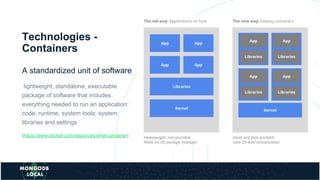 Technologies -
Containers
A standardized unit of software
lightweight, standalone, executable
package of software that includes
everything needed to run an application:
code, runtime, system tools, system
libraries and settings
(https://www.docker.com/resources/what-container)
 