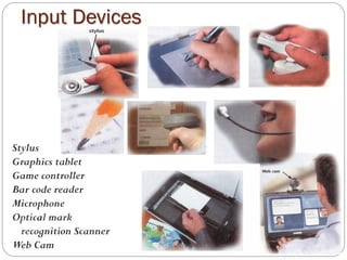 Stylus
Graphics tablet
Game controller
Bar code reader
Microphone
Optical mark
recognition Scanner
Web Cam
Input Devices
 