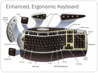 Enhanced, Ergonomic Keyboard
wrist rest APPLICATION key
Internet
controls
NUM lock
 
