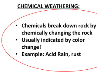 CHEMICAL WEATHERING:


• Chemicals break down rock by
  chemically changing the rock
• Usually indicated by color
  change!
• Example: Acid Rain, rust
 