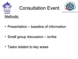 Consultation Event Methods: Presentation – baseline of information Small group discussion – scribe Tasks related to key areas 