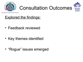 Consultation Outcomes Explored the findings: Feedback reviewed Key themes identified “ Rogue” issues emerged 