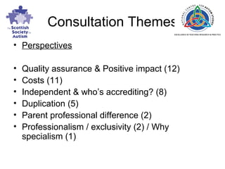 Consultation Themes Perspectives Quality assurance & Positive impact (12)  Costs (11)  Independent & who’s accrediting? (8) Duplication (5) Parent professional difference (2)  Professionalism / exclusivity (2) / Why specialism (1)  
