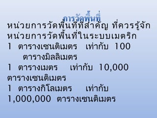 หน่ว ยการวัด พืน ที่ท ี่ส ำา คัญ ทีค วรรู้จ ัก
               ้                   ่
หน่ว ยการวัด พืน ที่ใ นระบบเมตริก
                 ้
1 ตารางเซนติเมตร เท่ากับ 100
    ตารางมิลลิเมตร
1 ตารางเมตร เท่ากับ 10,000
ตารางเซนติเมตร
1 ตารางกิโลเมตร         เท่ากับ
1,000,000 ตารางเซนติเมตร
 