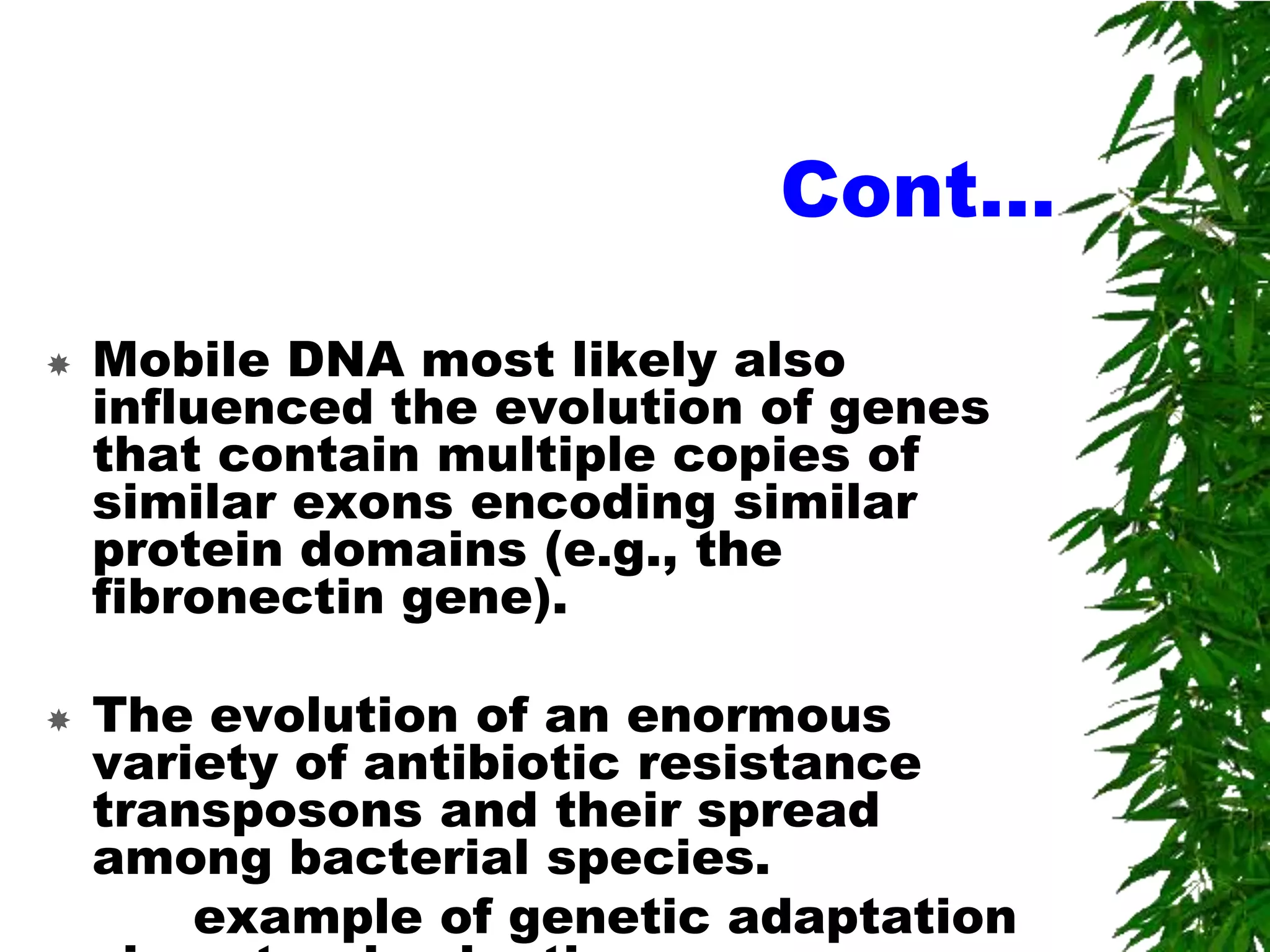 Cont…

   Mobile DNA most likely also
    influenced the evolution of genes
    that contain multiple copies of
    similar exons encoding similar
    protein domains (e.g., the
    fibronectin gene).

   The evolution of an enormous
    variety of antibiotic resistance
    transposons and their spread
    among bacterial species.
        example of genetic adaptation
 