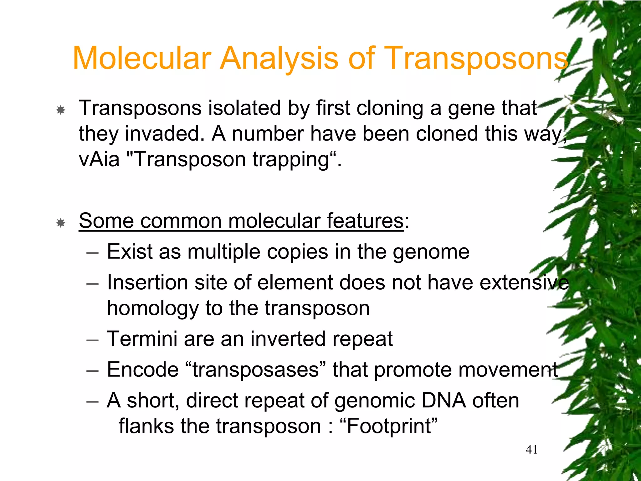 Molecular Analysis of Transposons
   Transposons isolated by first cloning a gene that
    they invaded. A number have been cloned this way,
    vAia "Transposon trapping“.

   Some common molecular features:
     – Exist as multiple copies in the genome
     – Insertion site of element does not have extensive
       homology to the transposon
     – Termini are an inverted repeat
     – Encode “transposases” that promote movement
     – A short, direct repeat of genomic DNA often
         flanks the transposon : “Footprint”
                                                   41
 