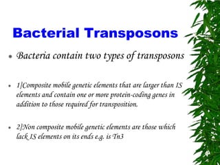 Bacterial Transposons
   Bacteria contain two types of transposons

   1]Composite mobile genetic elements that are larger than IS
    elements and contain one or more protein-coding genes in
    addition to those required for transposition.

   2]Non composite mobile genetic elements are those which
    lack IS elements on its ends e.g. is Tn3
 