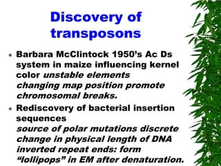 Discovery of
           transposons
   Barbara McClintock 1950’s Ac Ds
    system in maize influencing kernel
    color unstable elements
    changing map position promote
    chromosomal breaks.
   Rediscovery of bacterial insertion
    sequences
    source of polar mutations discrete
    change in physical length of DNA
    inverted repeat ends: form
    “lollipops” in EM after denaturation.
 