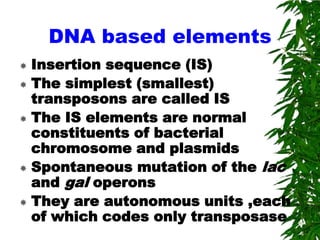 DNA based elements
 Insertion sequence (IS)
 The simplest (smallest)
  transposons are called IS
 The IS elements are normal
  constituents of bacterial
  chromosome and plasmids
 Spontaneous mutation of the lac
  and gal operons
 They are autonomous units ,each
  of which codes only transposase
 