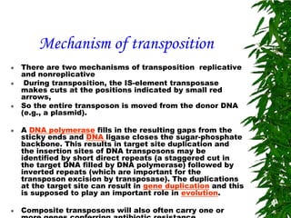 Mechanism of transposition
   There are two mechanisms of transposition replicative
    and nonreplicative
    During transposition, the IS-element transposase
    makes cuts at the positions indicated by small red
    arrows,
   So the entire transposon is moved from the donor DNA
    (e.g., a plasmid).

   A DNA polymerase fills in the resulting gaps from the
    sticky ends and DNA ligase closes the sugar-phosphate
    backbone. This results in target site duplication and
    the insertion sites of DNA transposons may be
    identified by short direct repeats (a staggered cut in
    the target DNA filled by DNA polymerase) followed by
    inverted repeats (which are important for the
    transposon excision by transposase). The duplications
    at the target site can result in gene duplication and this
    is supposed to play an important role in evolution.

   Composite transposons will also often carry one or
 