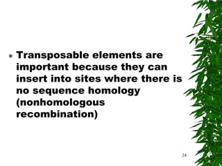    Transposable elements are
    important because they can
    insert into sites where there is
    no sequence homology
    (nonhomologous
    recombination)


                                   24
 