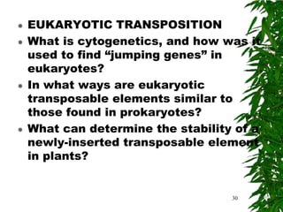    EUKARYOTIC TRANSPOSITION
   What is cytogenetics, and how was it
    used to find “jumping genes” in
    eukaryotes?
   In what ways are eukaryotic
    transposable elements similar to
    those found in prokaryotes?
   What can determine the stability of a
    newly-inserted transposable element
    in plants?


                                    30
 