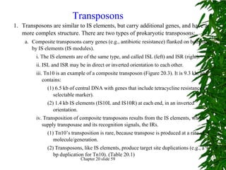 Transposons
1. Transposons are similar to IS elements, but carry additional genes, and have a
   more complex structure. There are two types of prokaryotic transposons:
    a. Composite transposons carry genes (e.g., antibiotic resistance) flanked on both sides
       by IS elements (IS modules).
         i. The IS elements are of the same type, and called ISL (left) and ISR (right).
         ii. ISL and ISR may be in direct or inverted orientation to each other.
         iii. Tn10 is an example of a composite transposon (Figure 20.3). It is 9.3 kb, and
             contains:
              (1) 6.5 kb of central DNA with genes that include tetracycline resistance (a
                 selectable marker).
              (2) 1.4 kb IS elements (IS10L and IS10R) at each end, in an inverted
                 orientation.
         iv. Transposition of composite transposons results from the IS elements, which
            supply transposase and its recognition signals, the IRs.
              (1) Tn10’s transposition is rare, because transpose is produced at a rate of ,1
                 molecule/generation.
              (2) Transposons, like IS elements, produce target site duplications (e.g., a 9-
                 bp duplication for Tn10). (Table 20.1)
                              Chapter 20 slide 59
 