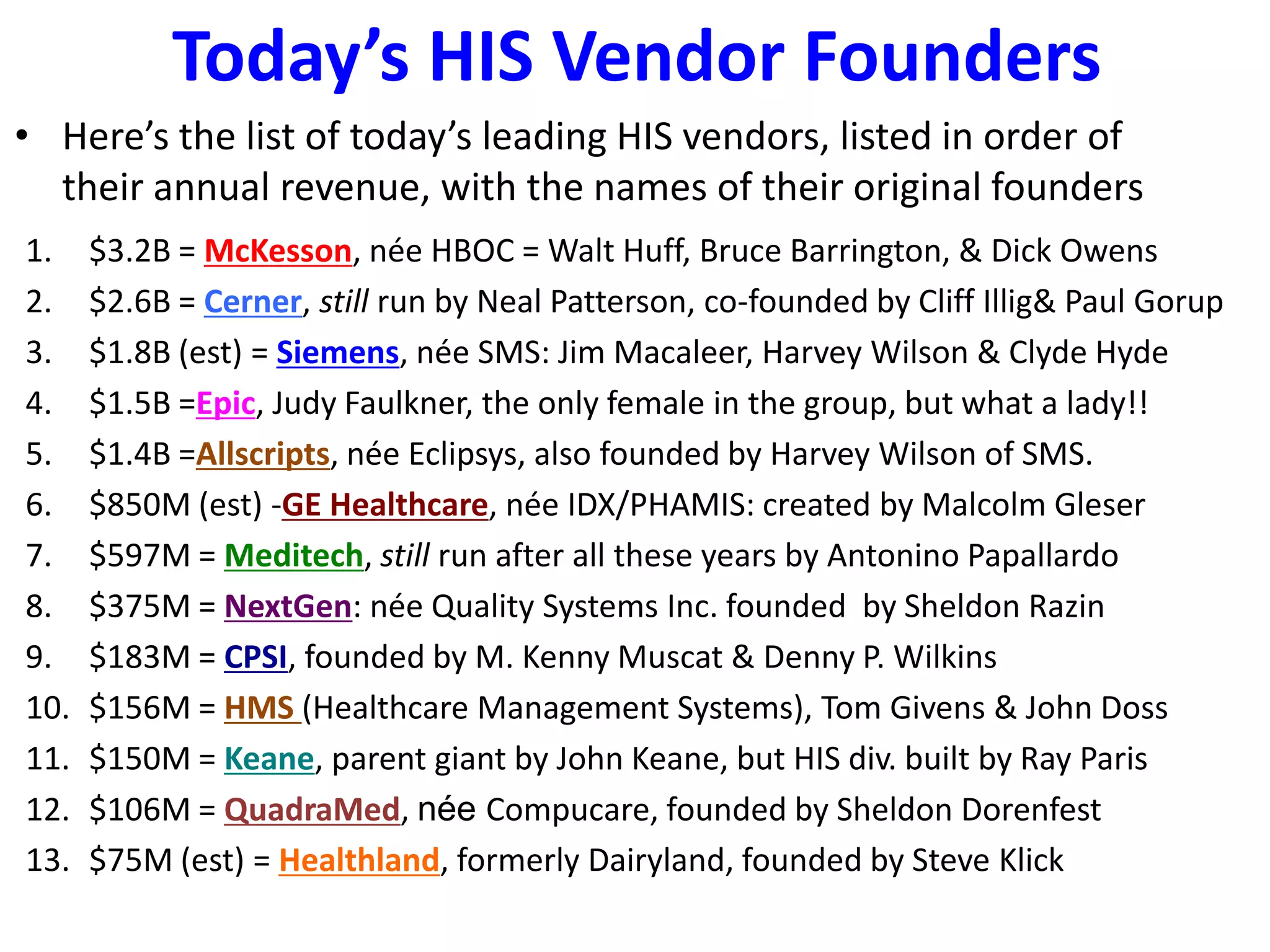 Today’s HIS Vendor Founders
• Here’s the list of today’s leading HIS vendors, listed in order of
their annual revenue, with the names of their original founders
1. $3.2B = McKesson, née HBOC = Walt Huff, Bruce Barrington, & Dick Owens
2. $2.6B = Cerner, still run by Neal Patterson, co-founded by Cliff Illig& Paul Gorup
3. $1.8B (est) = Siemens, née SMS: Jim Macaleer, Harvey Wilson & Clyde Hyde
4. $1.5B =Epic, Judy Faulkner, the only female in the group, but what a lady!!
5. $1.4B =Allscripts, née Eclipsys, also founded by Harvey Wilson of SMS.
6. $850M (est) -GE Healthcare, née IDX/PHAMIS: created by Malcolm Gleser
7. $597M = Meditech, still run after all these years by Antonino Papallardo
8. $375M = NextGen: née Quality Systems Inc. founded by Sheldon Razin
9. $183M = CPSI, founded by M. Kenny Muscat & Denny P. Wilkins
10. $156M = HMS (Healthcare Management Systems), Tom Givens & John Doss
11. $150M = Keane, parent giant by John Keane, but HIS div. built by Ray Paris
12. $106M = QuadraMed, née Compucare, founded by Sheldon Dorenfest
13. $75M (est) = Healthland, formerly Dairyland, founded by Steve Klick
 