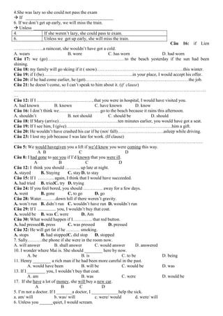 4.She was lazy so she could not pass the exam
 If _______________________________________
6. If we don’t get up early, we will miss the train.
 Unless ___________________________________
4.
If she weren’t lazy, she could pass te exam.
6.
Unless we get up early, she will miss the train.
Câu

16:

if

Lien

………………..a raincoat, she wouldn’t have got a cold.
A. wears
B. wore
C. has worn
D. had worn
Câu 17: we (go)……………….……………………………to the beach yesterday if the sun had been
shining.
Câu 18: my family will go skiing if it ( snow)………………………………………………….this winter.
Câu 19: if I (be)…………………………………………….……..in your place, I would accept his offer.
Câu 20: if he had come earlier, he (get)……………………………………………………………the job.
Câu 21: he doesn’t come, so I can’t speak to him about it. (if clause)
……..….………………………………………………………………………………………………………
…
Câu 12: If I ………………………….……..that you were in hospital, I would have visited you.
A. had known
B. known
C. have known
D. know
Câu 16: I don’t think we……………….………go to the beach because it rains this afternoon.
A. shouldn’t
B. not should
C. should be
D. should
Câu 18: If Mary (arrive)………………………………….ten minutes earlier, you would have got a seat.
Câu 19: If I see him, I (give)………………………………………………………….….him a gift.
Câu 20: He wouldn’t have crashed his car if he (not/ fall)………………………….asleep while driving.
Câu 23: I lost my job because I was late for work. (If clause)
…………………...………………………………………………………………………………………….
Câu 5: We would havegiven you a lift if we’d know you were coming this way.
A B
C
D
Câu 8: I had gone to see you if I’d known that you were ill.
A
B
C
D
Câu 12: I think you should ………. up late at night.
A. stayed
B. Staying
C. stay D. to stay
Câu 15: If I ……….. again, I think that I would have succeeded.
A. had tried B. triedC. try D. trying
Câu 24: If you feel bored, you should …………. away for a few days.
A. went
B. gone
C. to go
D. go
Câu 28: Water……….down hill if there weren’t gravity.
A. won’t run B. didn’t run C. wouldn’t have run D. wouldn’t run
Câu 29: If I ................ you, I wouldn’t buy that coat.
A. would be B. was C. were
D. Am
Câu 30: What would happen if I…………. that red button.
A. had pressed B. press
C. was pressed
D. pressed
Câu 32: He will get fat if he ……… smoking.
A. stops
B. had stopped C. did stop
D. stopped
7. Sally……….the phone if she were in the room now.
A. will answer
B. shall answer
C. would answer
D. answered
10. I wonder where Mai is. She should ________ here by now.
A. be
B. is
C. to be
D. being
11. Henry ________ a rich man if he had been more careful in the past.
A. would have been
B. will be
C. would be
D. was
13. If I ________ you, I wouldn’t buy that coat.
A. am
B. was
C. were
D. would be
17. If she have a lot of money, she will buy a new car.
A
B
C
D
5. I’m not a doctor. If I _______a doctor, I ____________help the sick.
a. am/ will
b. was/ will
c. were/ would
d. were/ will
6. Unless you ______quiet, I would scream.

 