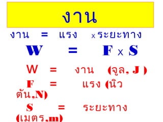งาน
งาน = แรง Х ระยะทาง
W = F Х S
w = งาน (จูล, J )
F = แรง (นิว
ตัน,N)
S = ระยะทาง
(เมตร,m)
 