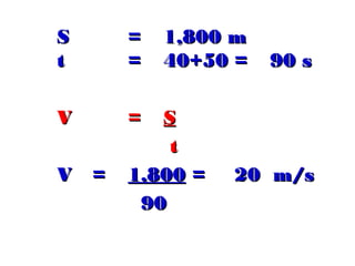 SS == 1,800 m1,800 m
tt == 40+5040+50 == 90 s90 s
VV == SS
tt
VV == 1,8001,800 == 20 m/s20 m/s
9090
 