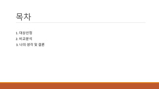 목차 
1. 대상선정 
2. 비교ѫ 
3. 나의 생각 및 결론 
 