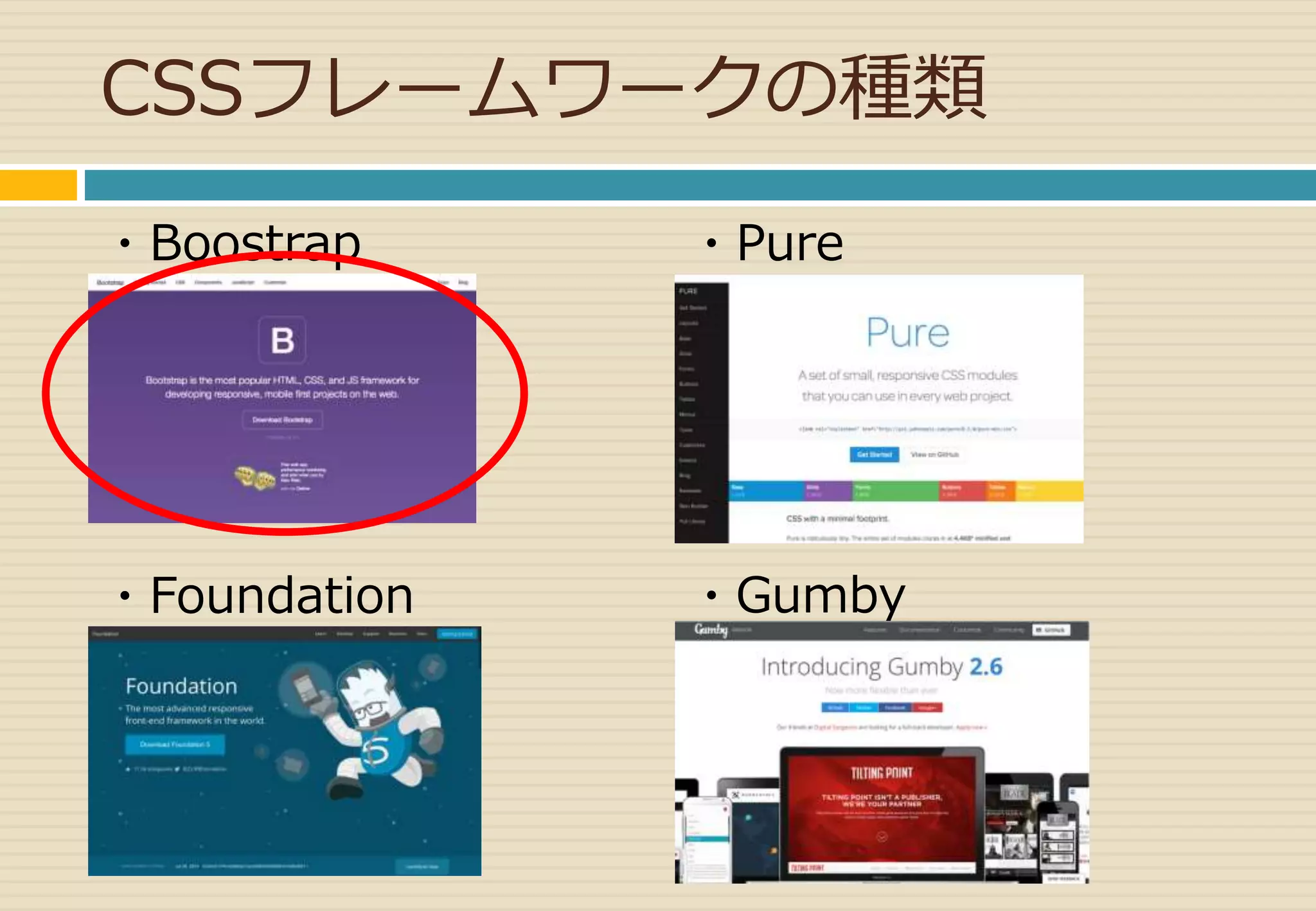 CSSフレームワークの種類 
・Boostrap 
・Foundation 
・Pure 
・Gumby 
 