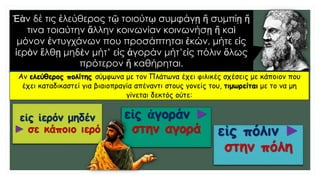 Ἐὰν δέ τις ἐλεύθερος τῷ τοιούτῳ συμφάγῃ ἤ συμπίῃ ἤ
τινα τοιαύτην ἄλλην κοινωνίαν κοινωνήσῃ ἤ καὶ
μόνον ἐντυγχάνων που προσάπτηται ἑκών, μήτε εἰς
ἱερὸν ἔλθῃ μηδὲν μήτ’ εἰς ἀγοράν μήτ’εἰς πόλιν ὅλως
πρότερον ἤ καθήρηται.
Αν ελεύθερος πολίτης σύμφωνα με τον Πλάτωνα έχει φιλικές σχέσεις με κάποιον που
έχει καταδικαστεί για βιαιοπραγία απέναντι στους γονείς του, τιμωρείται με το να μη
γίνεται δεκτός ούτε:
……………………….
…………………………..
………………………………
εἰς ἱερόν μηδέν
► σε κάποιο ιερό
εἰς ἀγοράν ►
στην αγορά εἰς πόλιν ►
στην πόλη
 