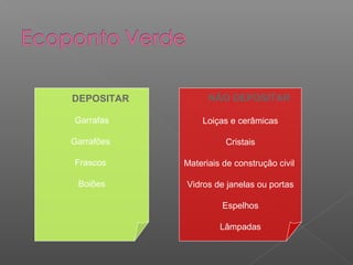 DEPOSITAR
Garrafas
Garrafões
Frascos
Boiões
NÃO DEPOSITAR
Loiças e cerâmicas
Cristais
Materiais de construção civil
Vidros de janelas ou portas
Espelhos
Lâmpadas
 