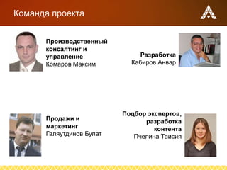 Команда проекта
Производственный
консалтинг и
управление
Комаров Максим
Разработка
Кабиров Анвар
Продажи и
маркетинг
Галяутдинов Булат
Подбор экспертов,
разработка
контента
Пчелина Таисия
 