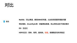 综合
MySQL：防⽌止撕逼、解放DBA的利利器器，从此告别容量量和慢查问题
预处理理类，Druid/Kylin等：保留留原始数据，防⽌止预先设定不不满⾜足需求
ES：⻅见后⽂文
HDFS⽣生态：简单、易易⽤用、查询快，但是，规模稳定性有待验证
对⽐比
 