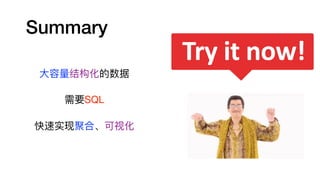 Summary
⼤大容量量结构化的数据

需要SQL

快速实现聚合、可视化

 