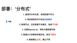 部署：‘分布式’
1. 直接写分布式表，造成数据不不均匀
2. 域名映射的IP只有在初始解析
3. 新增节点，历史数据不不会搬迁，造成不不均衡
4. 过度的group by，导致⼤大量量数据交换
5. 数据分⽚片依赖单机稳定性，缺乏可靠性
6. 集群要么全⽤用，要么不不⽤用
问题
 