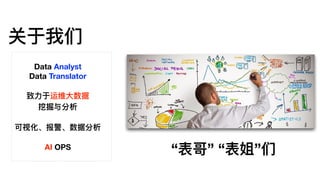 Data Analyst
Data Translator
致⼒力力于运维⼤大数据
挖掘与分析
可视化、报警、数据分析
AI OPS
关于我们
“表哥” “表姐”们
 