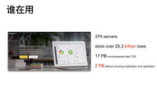 谁在⽤用
374 servers
store over 20.3 trillion rows
17 PBuncompressed data TSV
2 PBwithout counting duplication and replication
 