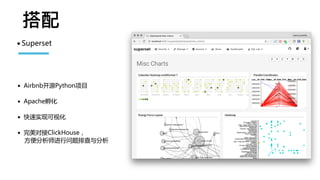 •Superset
• Airbnb开源Python项目
• Apache孵化
• 快速实现可视化
• 完美对接ClickHouse，
方便分析师进行问题排查与分析
搭配
 