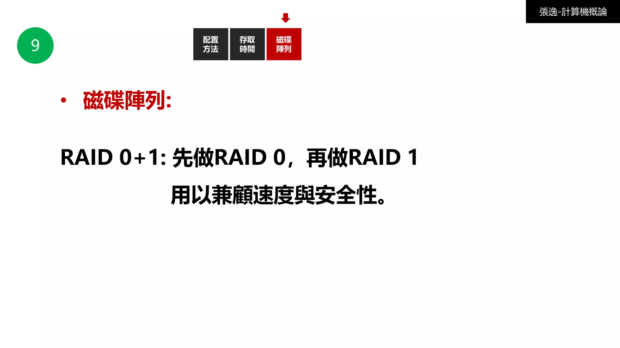 9
配置
方法
磁碟
陣列
存取
時間
張逸-計算機概論
• 磁碟陣列:
RAID 0+1: 先做RAID 0，再做RAID 1
用以兼顧速度與安全性。
 